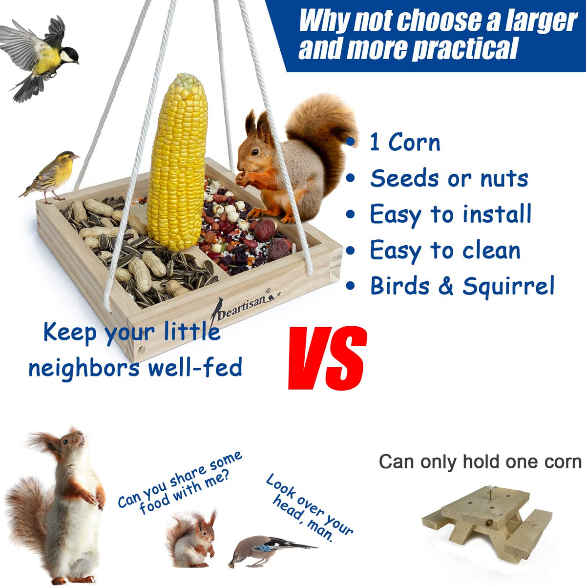 Deartisan small-animal feeding scene invites birds and squirrels.