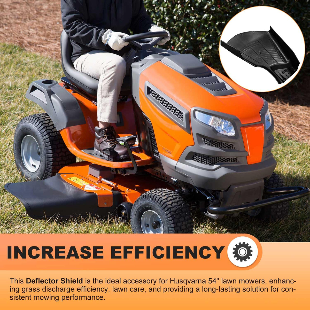 Easy-install Deawater shield mounted on Husqvarna 54-inch deck.