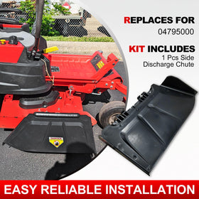 Deawater side discharge chute for Ariens ZTXL42 channels clippings away from the deck for a cleaner mow.