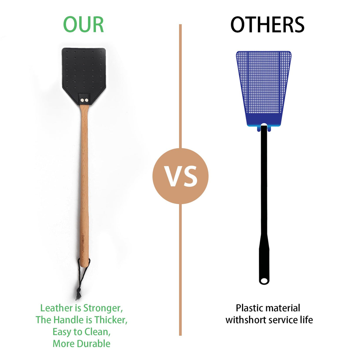DEBETOOL leather swatter with large swatting area for quick pest clearance.