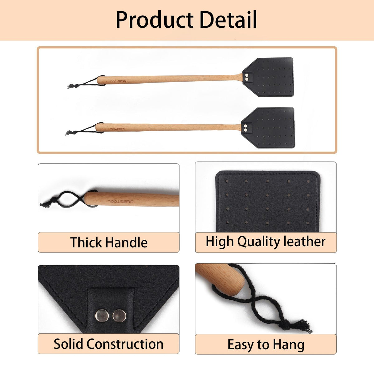 DEBETOOL wooden handle swatter showcasing durable construction and stylish leather.