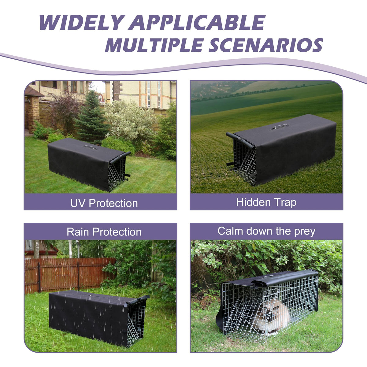 Deblue cage trap in use for cats, raccoons, and squirrels.