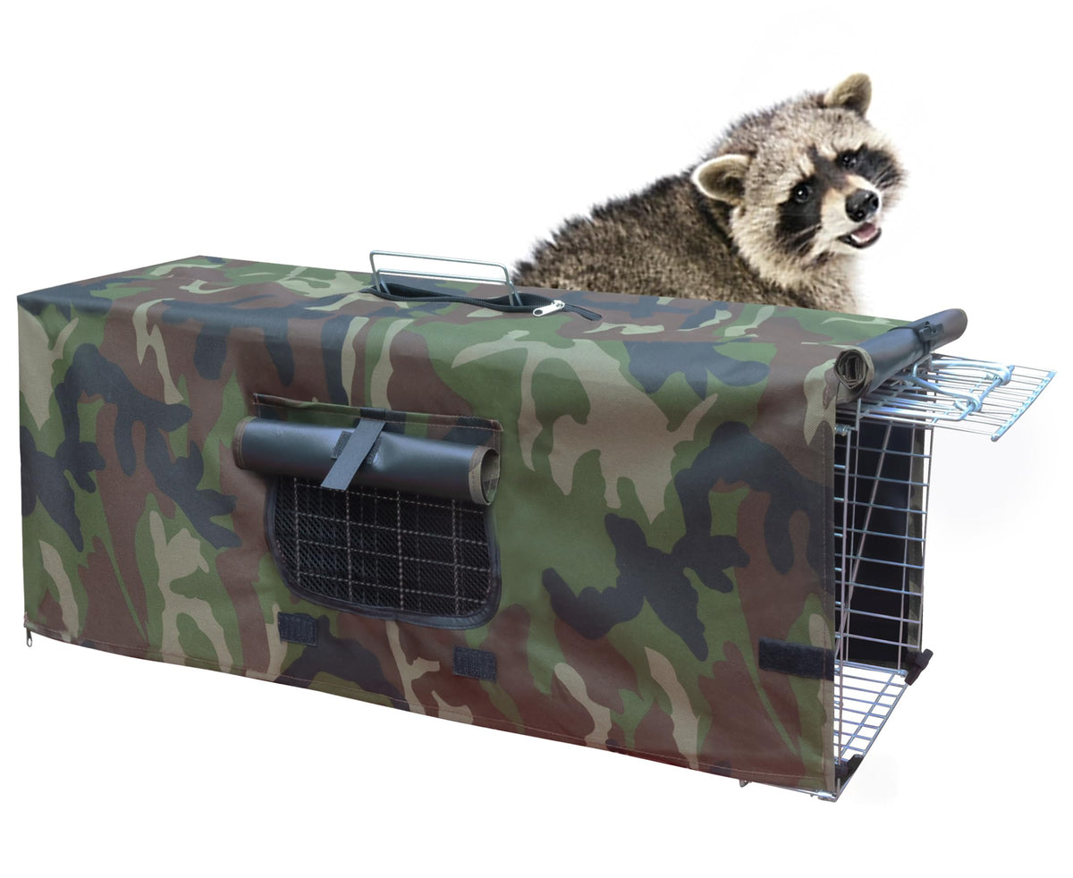 Deblue live feral cat trap cage with cover provides privacy and shade for captured animals.