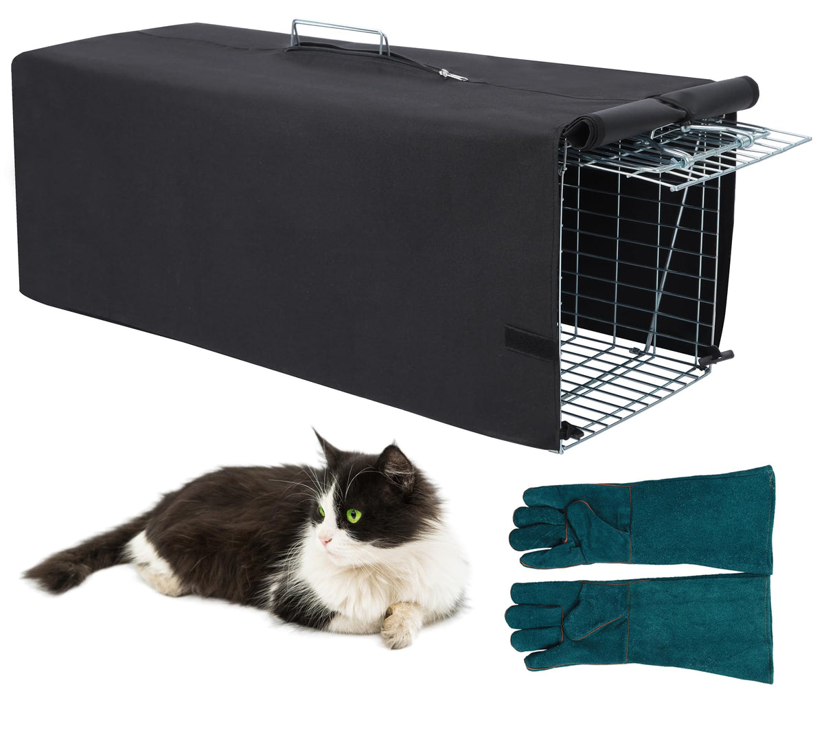 Deblue live trap with cover and gloves ready for discreet capture.