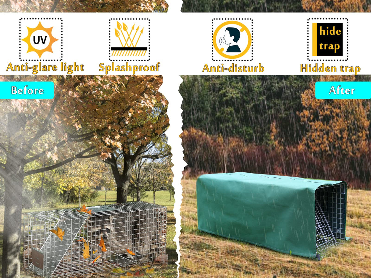 Deblue trap cage cover back view highlights UV-resistant fabric guarding against sun exposure.