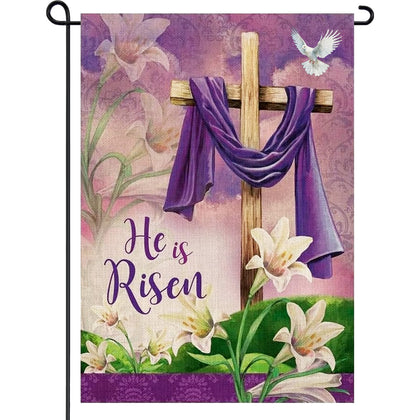 DECEED He Is Risen Easter flag double-sided, ideal for garden or porch display.