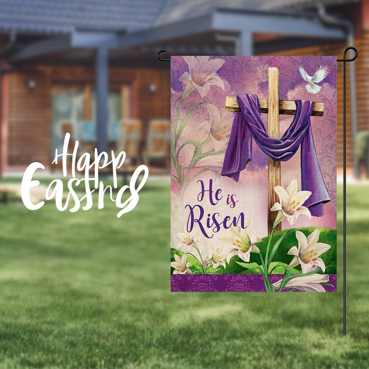 DECEED He Is Risen yard flag creates a festive outdoor focal point.