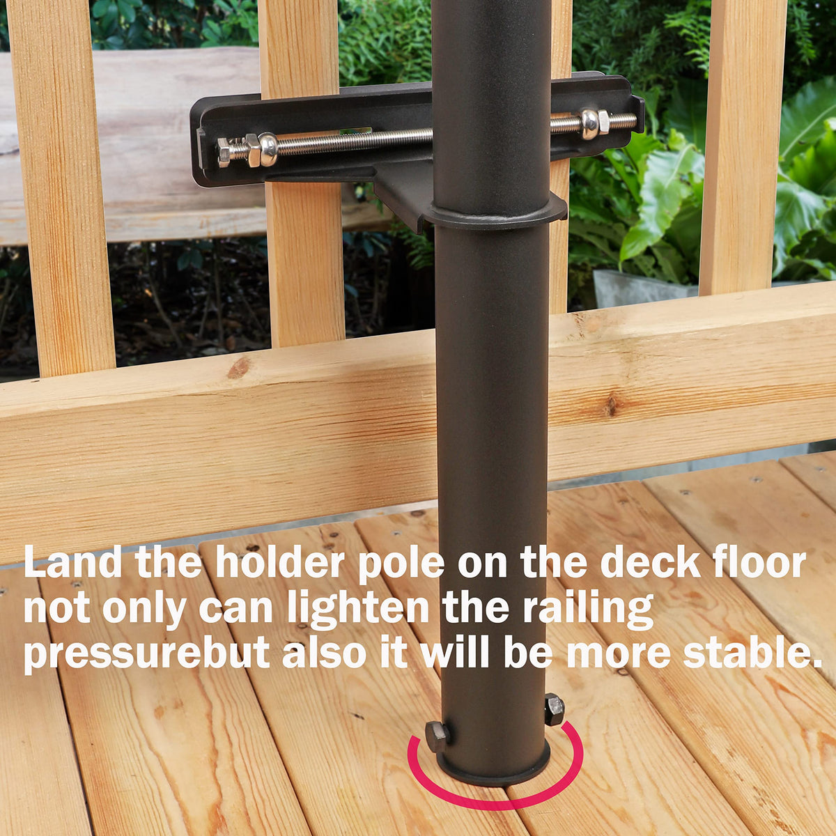 Deck Man adjustable rail attachment fits up to 6x6 posts.