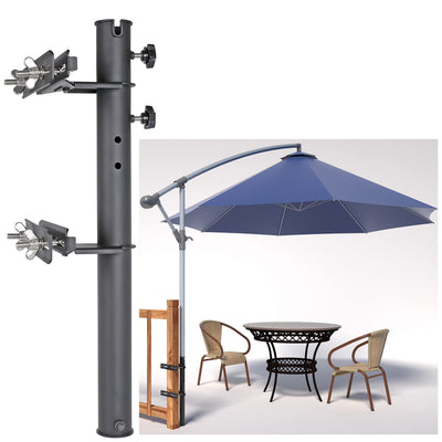 Deck Man rail clamp umbrella holder secured on a railing for stable shade.