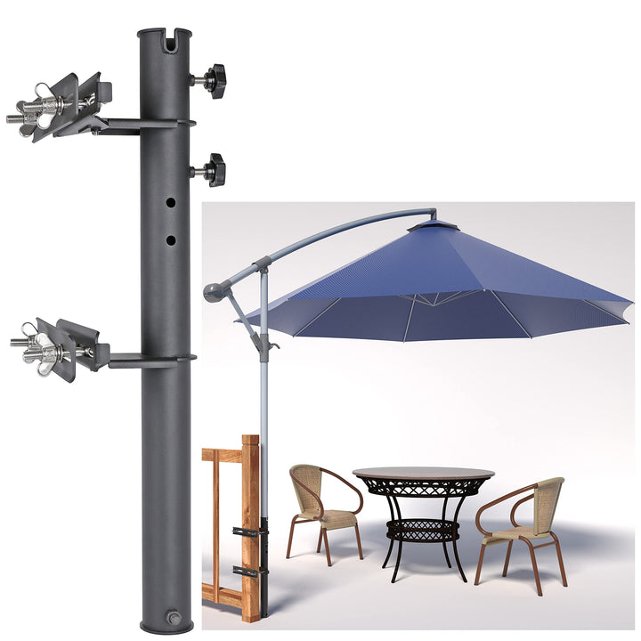 Deck Man rail clamp umbrella holder secured on a railing for stable shade.