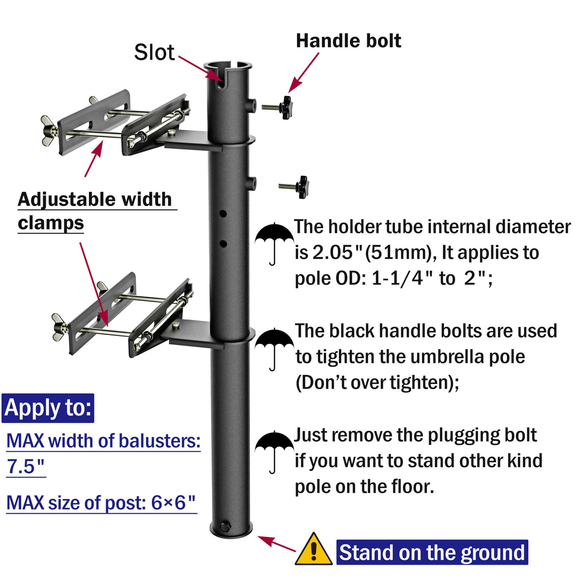 Deck Man SS304 umbrella holder with black finish resists outdoor rust.