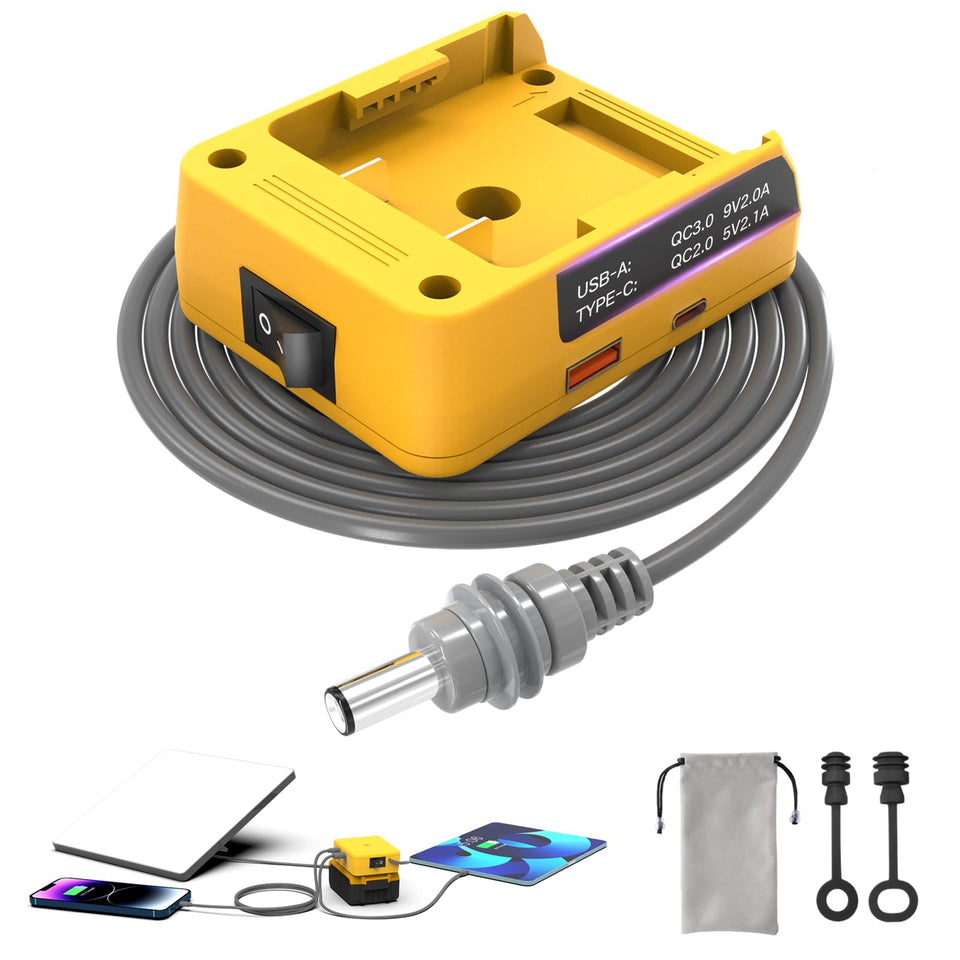 Deckit Starlink Mini adapter attached to a DeWalt battery powering off-grid connectivity