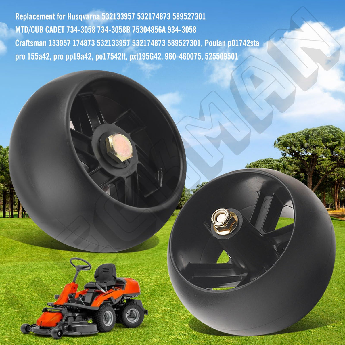 Deckman 1/2-inch center hole matches common axles