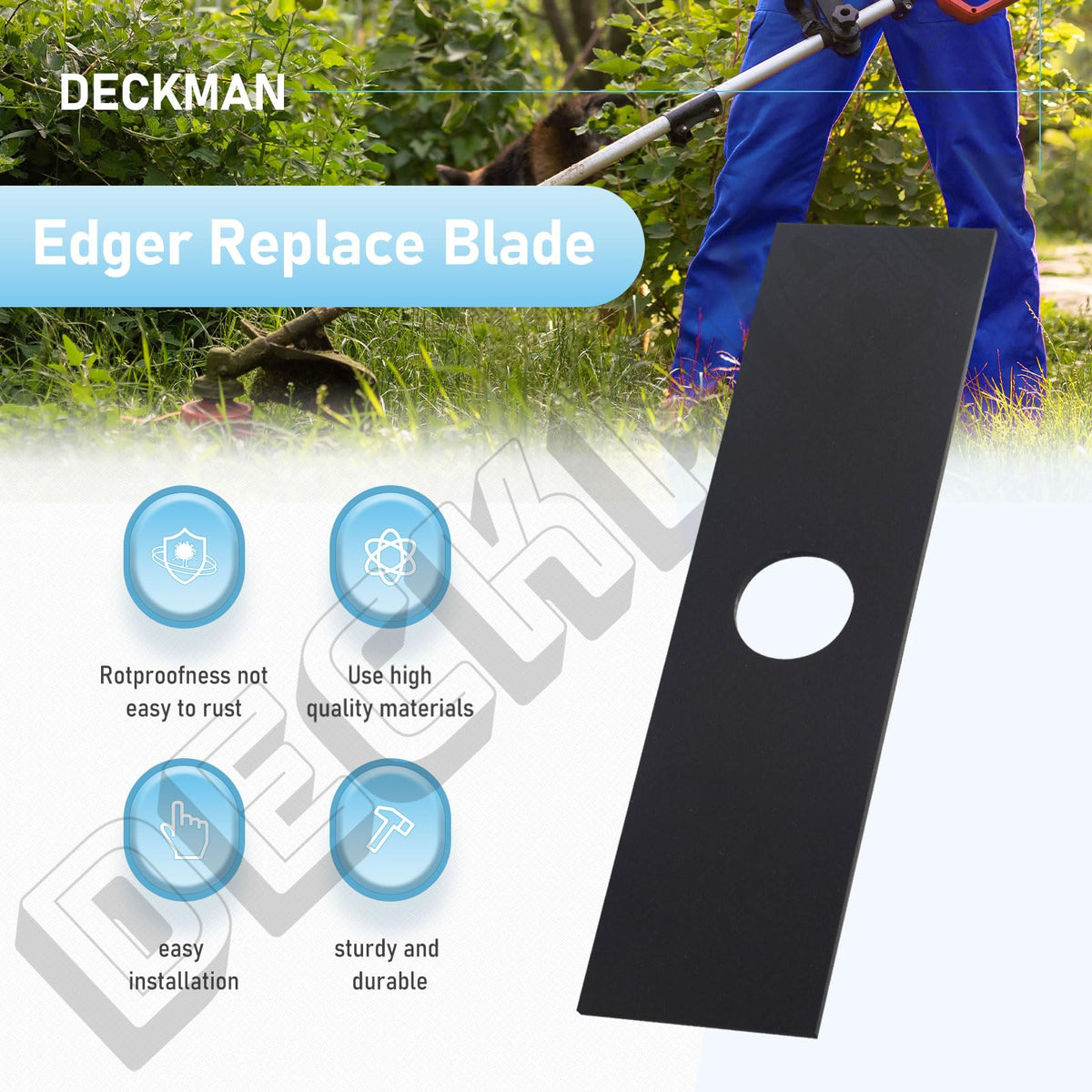 DECKMAN 8in blade cuts dense weeds and shrubs efficiently