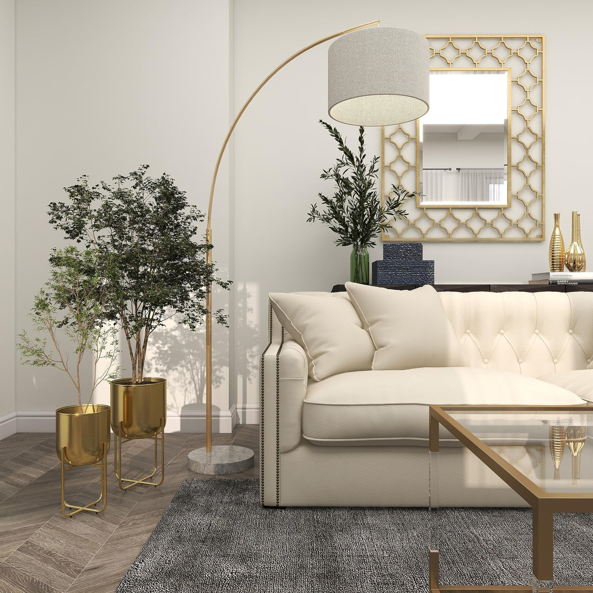 Indoor living room display using Deco 79 gold planters.