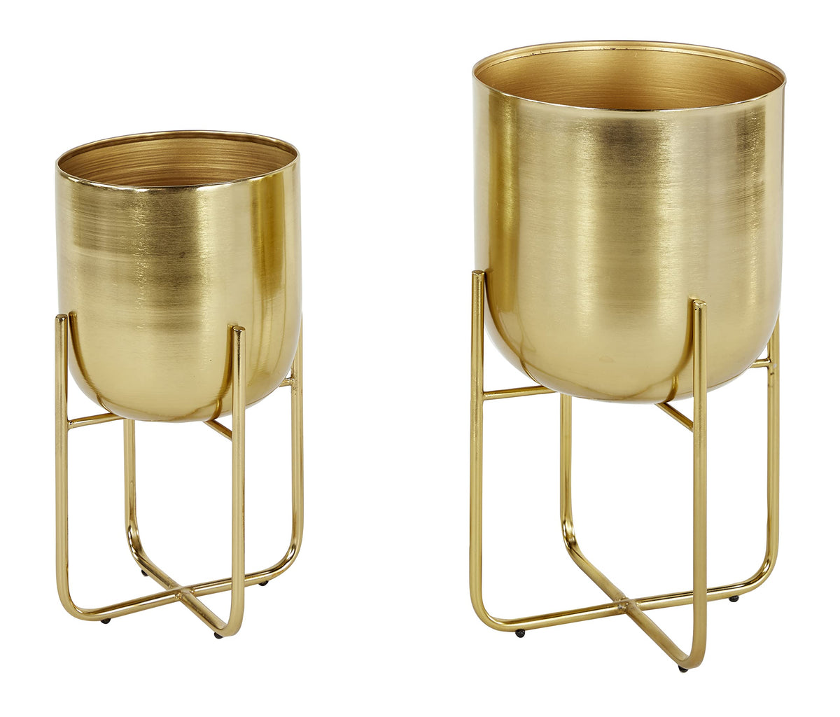 Deco 79 brushed gold large planter with curved X base, ideal for patios.