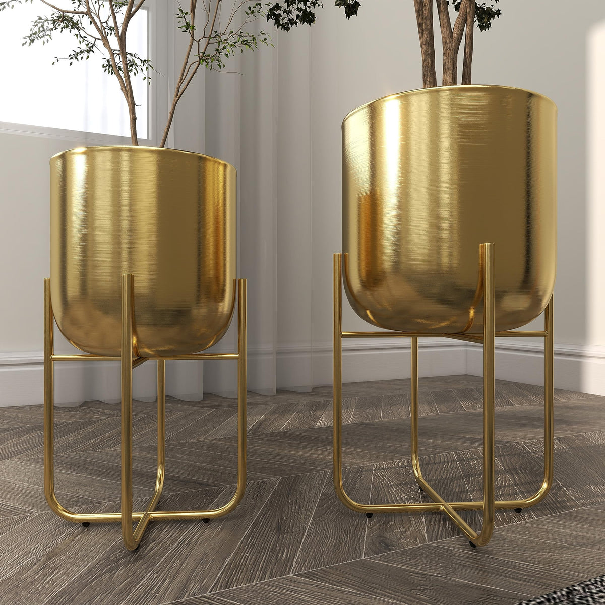 Outdoor patio setup featuring Deco 79 gold planters.