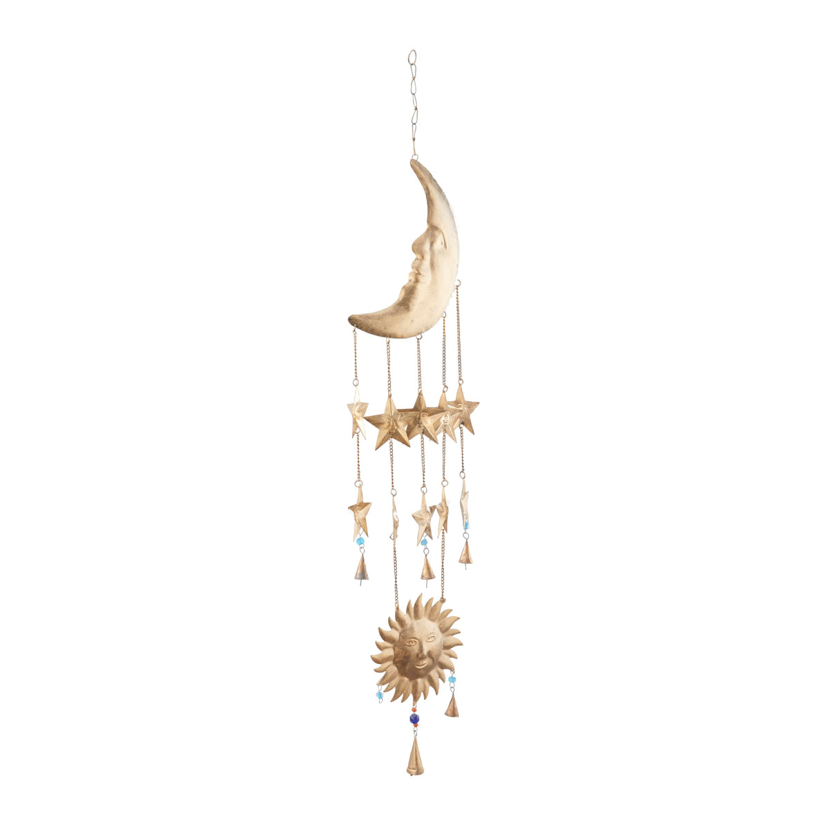 Deco 79 windchime with cone bells and beads enhances tranquil window corner.