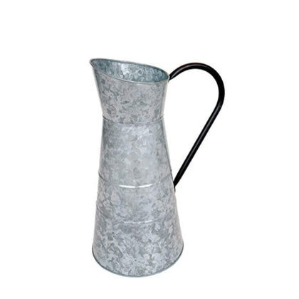 Deco 79 galvanized watering jug front view as rustic centerpiece.