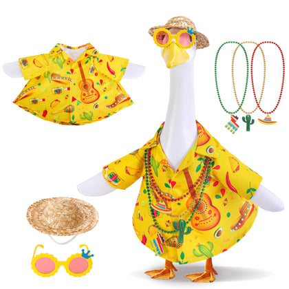 DECOHS Hawaiian goose outfit with yellow shirt and straw hat enhances outdoor statue charm.
