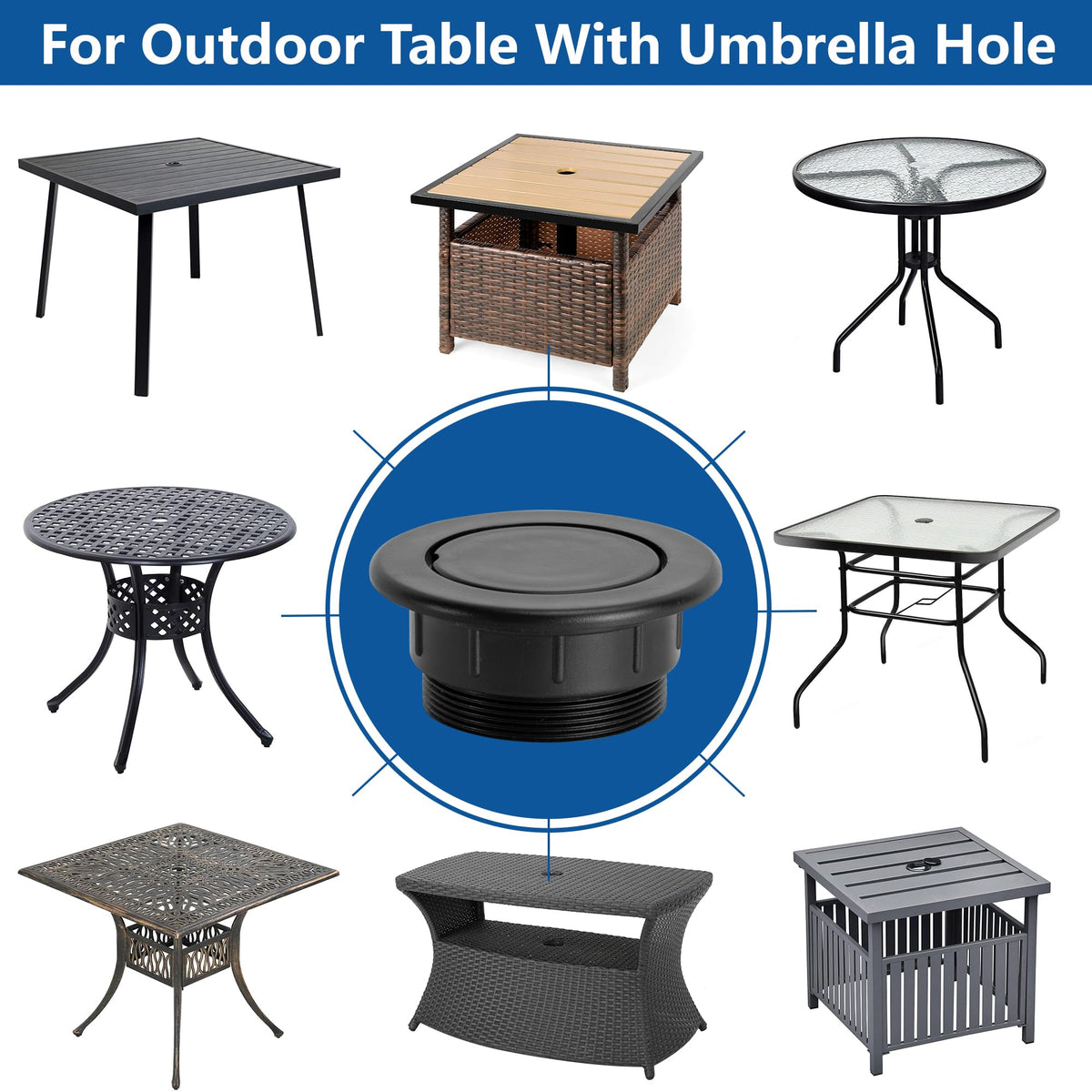 DECOHS wind-stabilizer plug reduces umbrella sway during gusts.