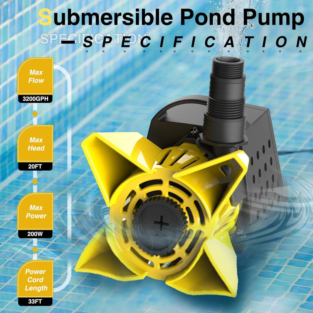 33-foot power cord allows flexible placement around the pond.