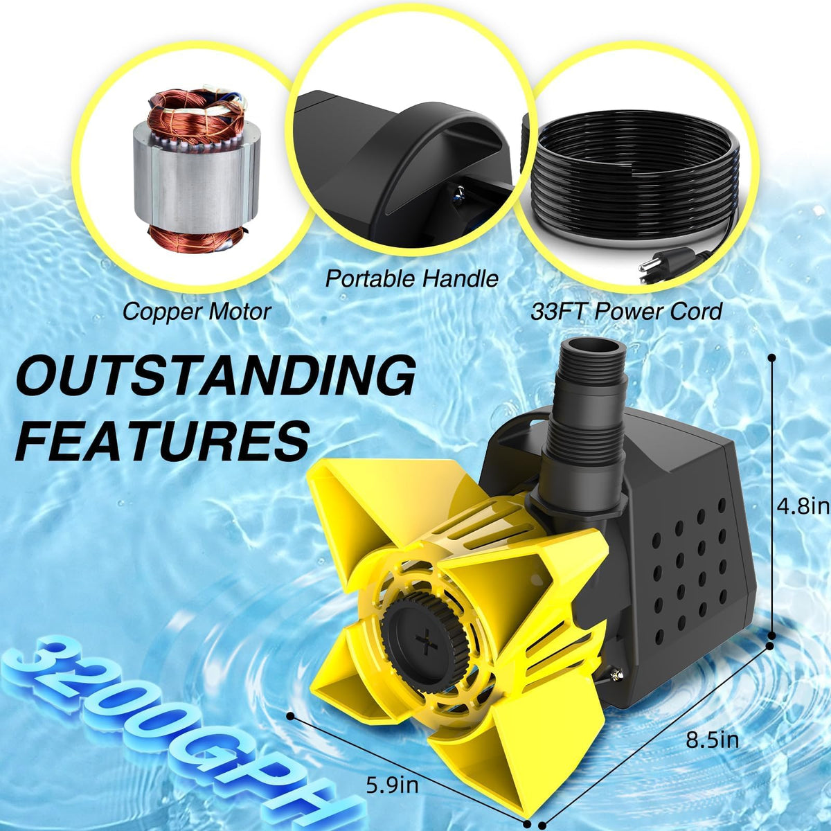 Large inlet with detachable filter bag protects the pump from debris.
