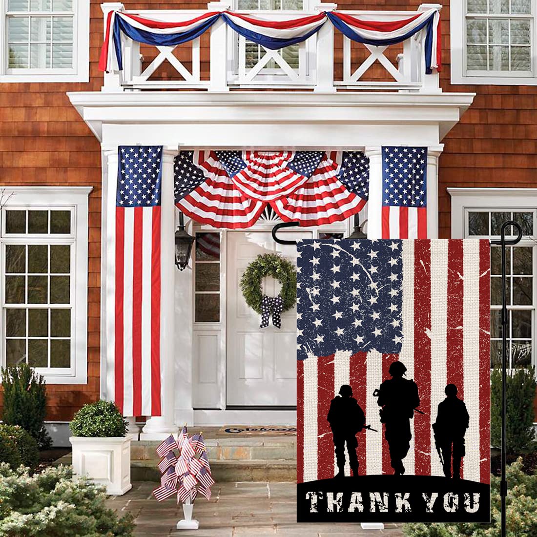 Decorhua burlap-look polyester flag texture for rustic outdoor decor touch.