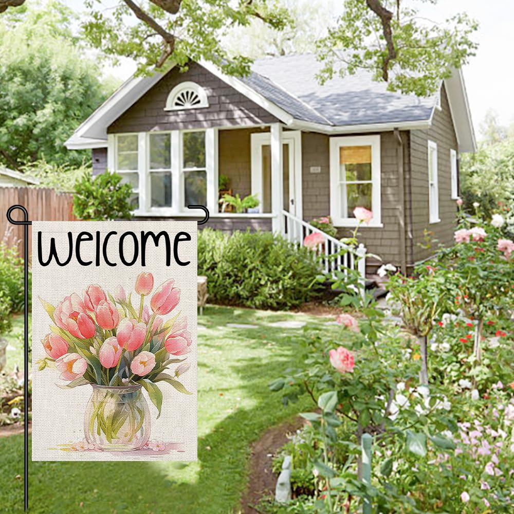 Decorhua pink tulips garden flag brightens patios and porches.