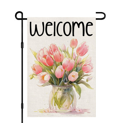 Decorhua spring welcome flag 12x18 on burlap-style fabric for outdoor decoration.