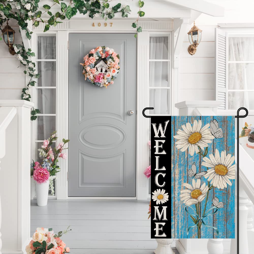 Decorhua Welcome Daisy Spring Garden Flag 12x18 back view, showing double-sided readability.