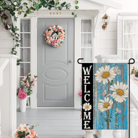 Decorhua Welcome Daisy Spring Garden Flag 12x18 back view, showing double-sided readability.