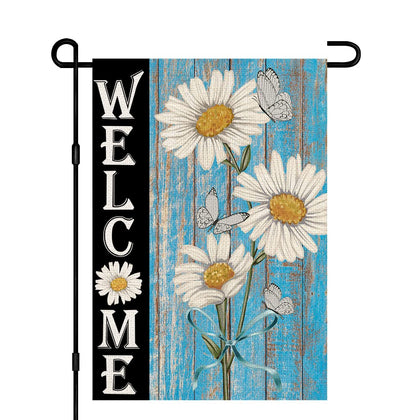 Decorhua Welcome Daisy Spring Garden Flag 12x18 front view, ideal welcome decor for your porch.