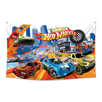 DecrPlus hot cars banner flag, 3x5ft, outdoor birthday decor in action.