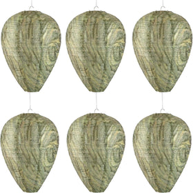 DECYOOL 6-pack paper wasp nest decoys hanging to deter wasps near entrances.