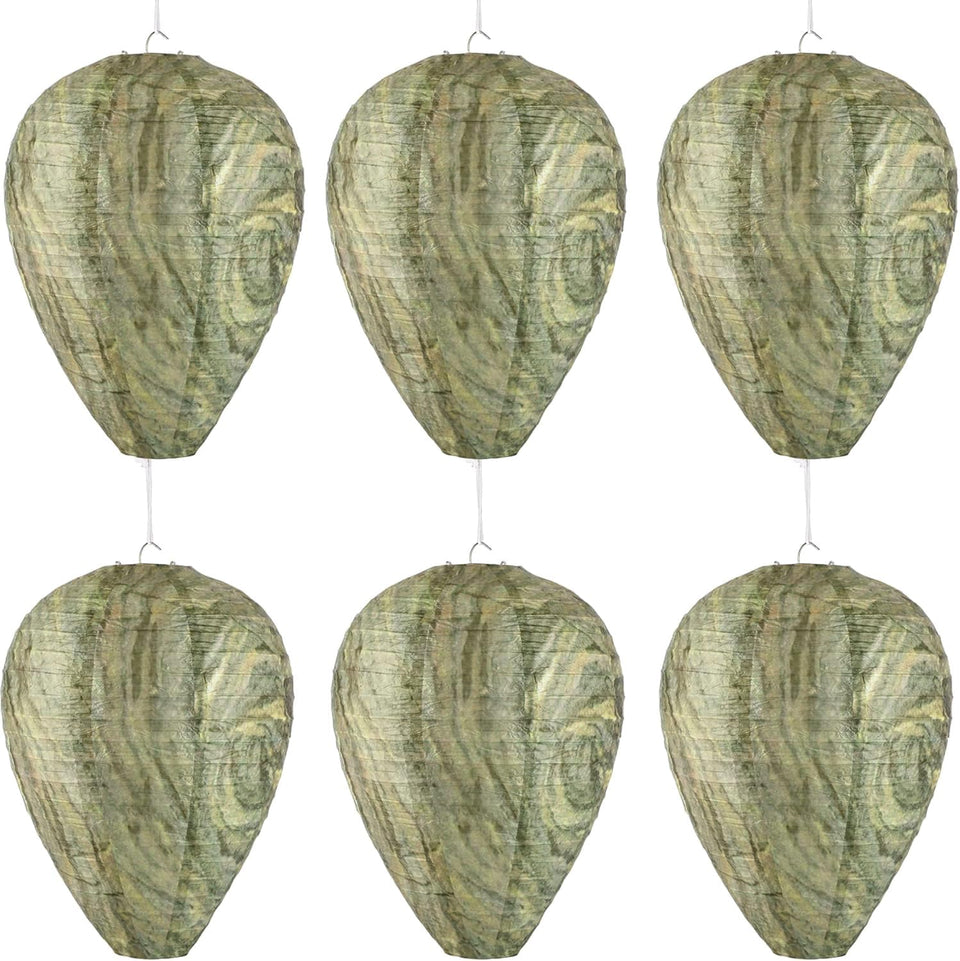DECYOOL 6-pack paper wasp nest decoys hanging to deter wasps near entrances.