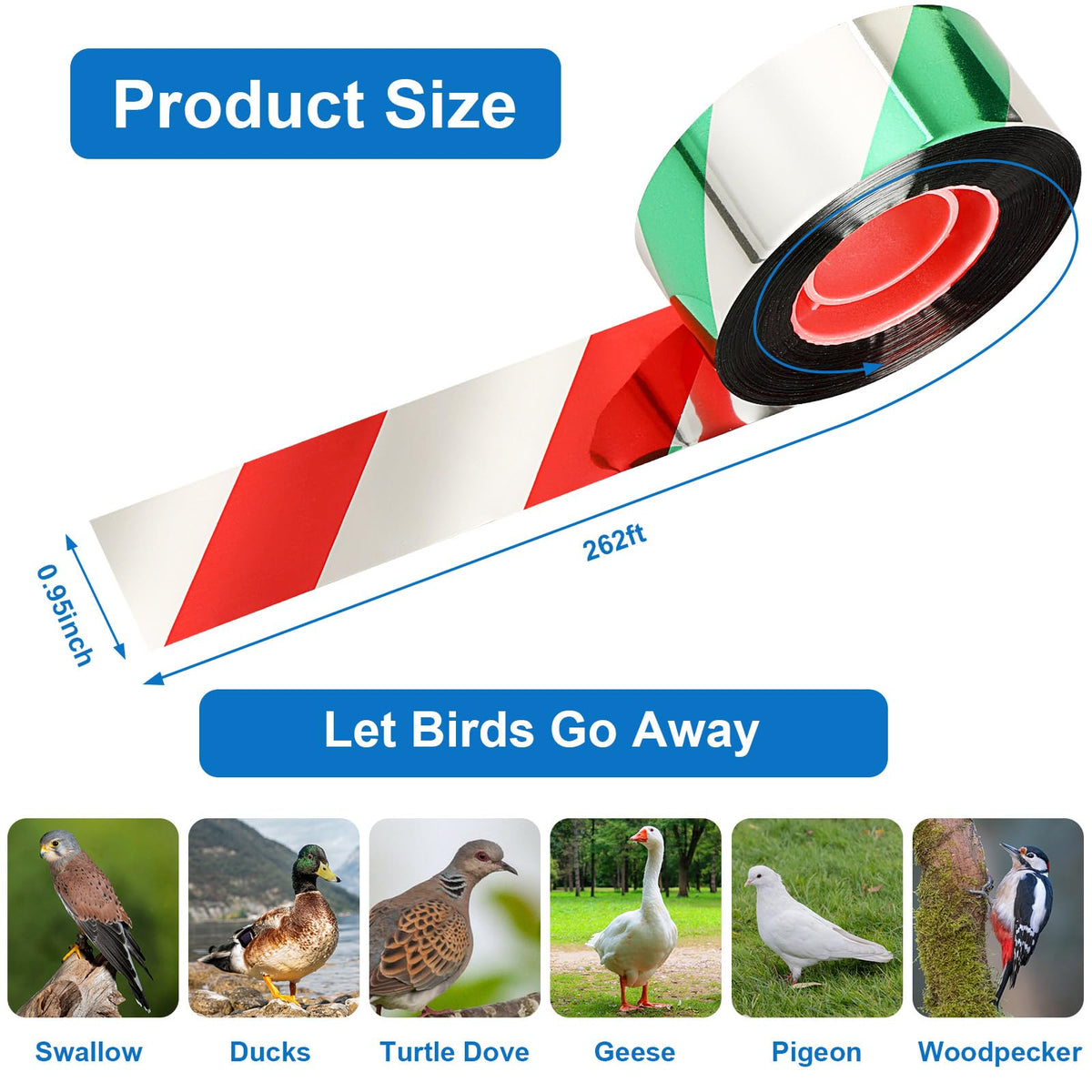 DECYOOL bird scare tape packaging shows 3 rolls totaling 787 ft for extended protection.