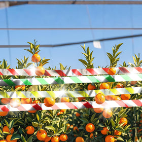 DECYOOL bird scare tape used along a fence in the yard to protect fruit.