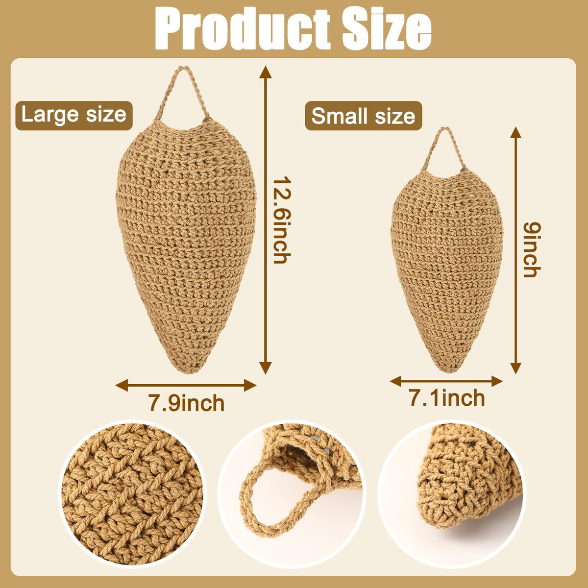 Two-pack brown crochet wasp nest decoys ready to hang