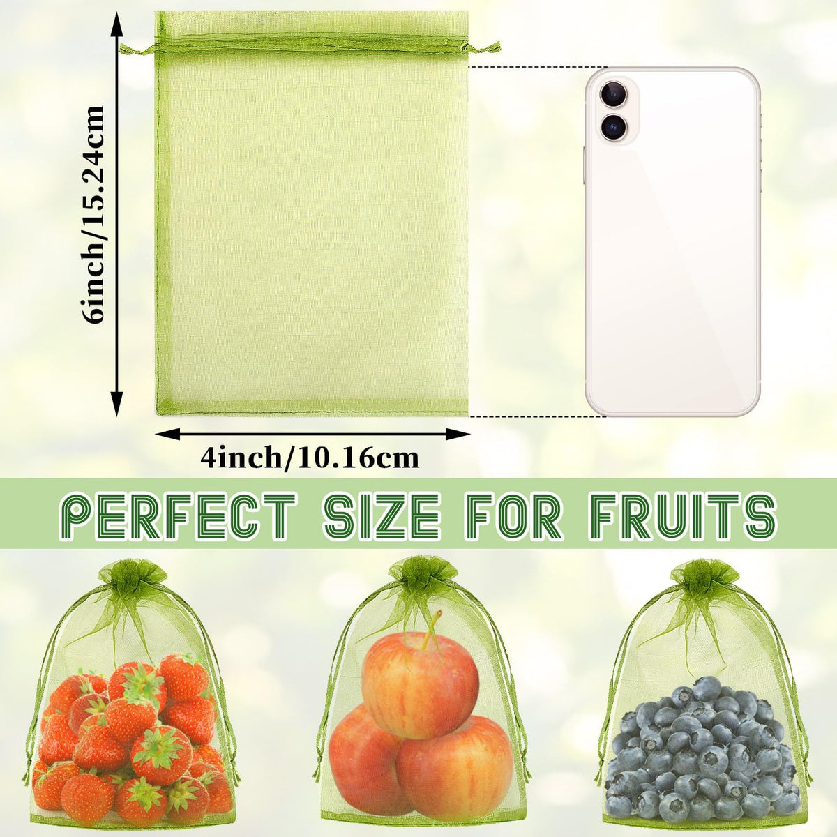 DECYOOL drawstring fruit bag 4x6 green easy to close for quick use.