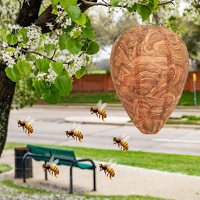 DECYOOL easy-assembly wasp nest decoy near decks deters intruders with hive-like appearance.