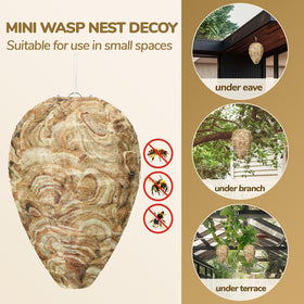 DECYOOL hanging brown wasp nest decoy shown on a porch for deterrence.