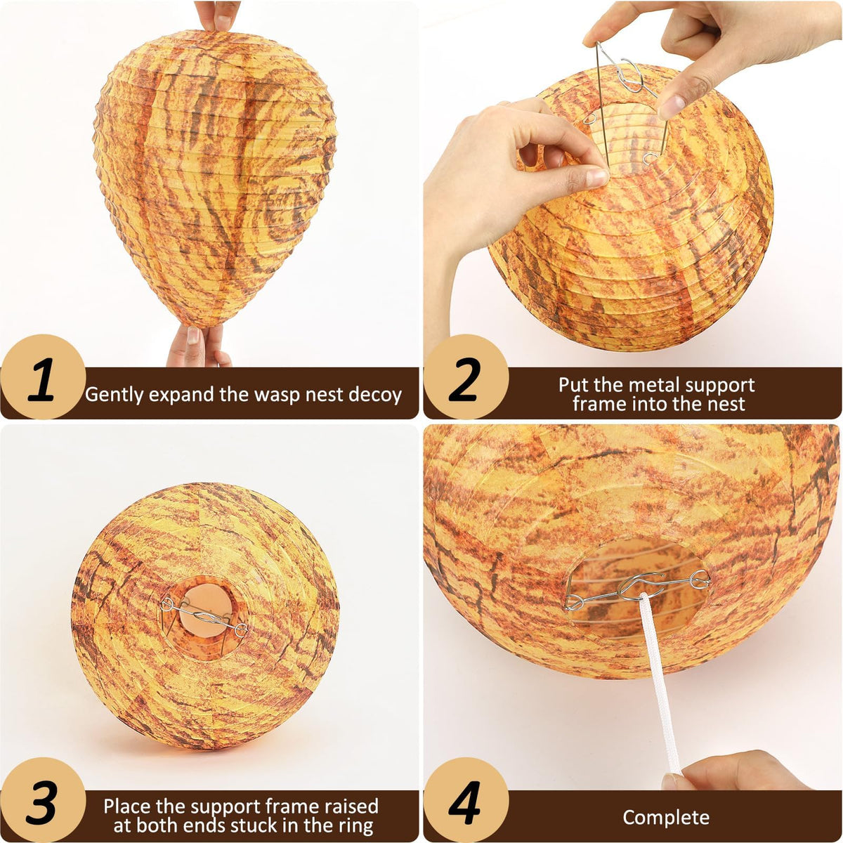 DECYOOL orange paper wasp nest hanging from eaves for outdoor deterrence