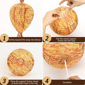 DECYOOL orange paper wasp nest hanging from eaves for outdoor deterrence