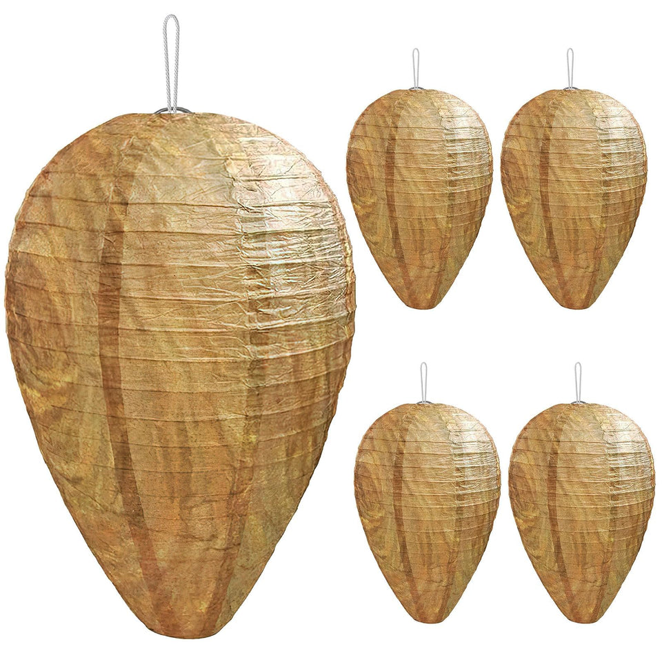DECYOOL paper wasp nest decoy hanging outdoors helps deter nearby wasps and hornets.