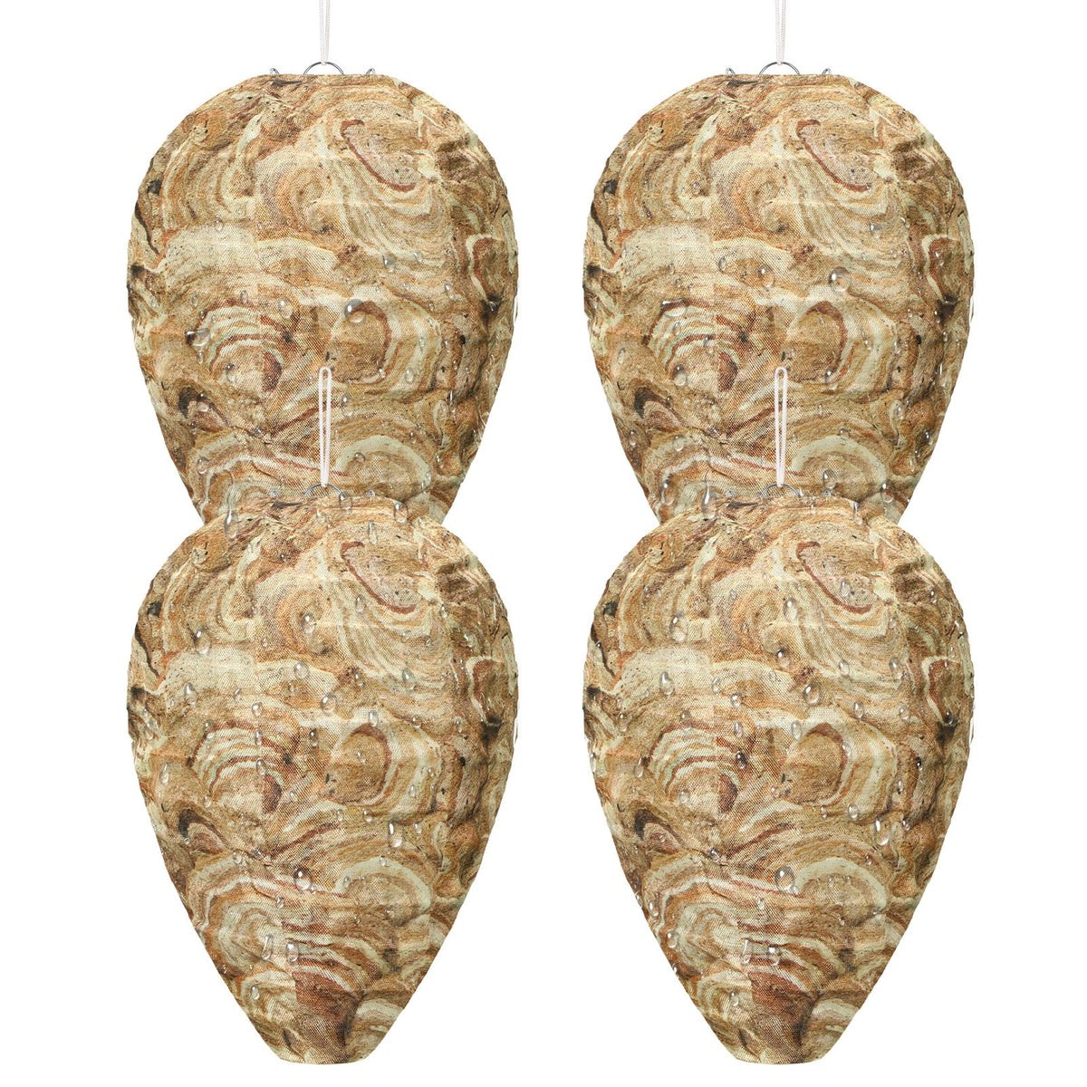 DECYOOL brown mini wasp nest decoy hanging outdoors to deter hornets.