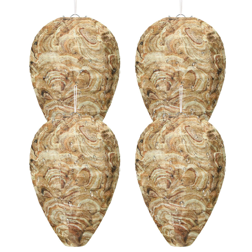 DECYOOL brown mini wasp nest decoy hanging outdoors to deter hornets.