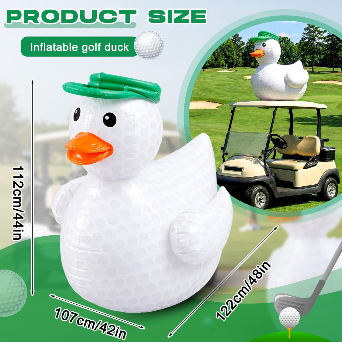 Deekin golf duck inflatable with green hat adds playful yard or pool charm