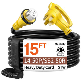 Deeklify 15ft generator cord with twist-lock plug for reliable RV power supply outdoors.