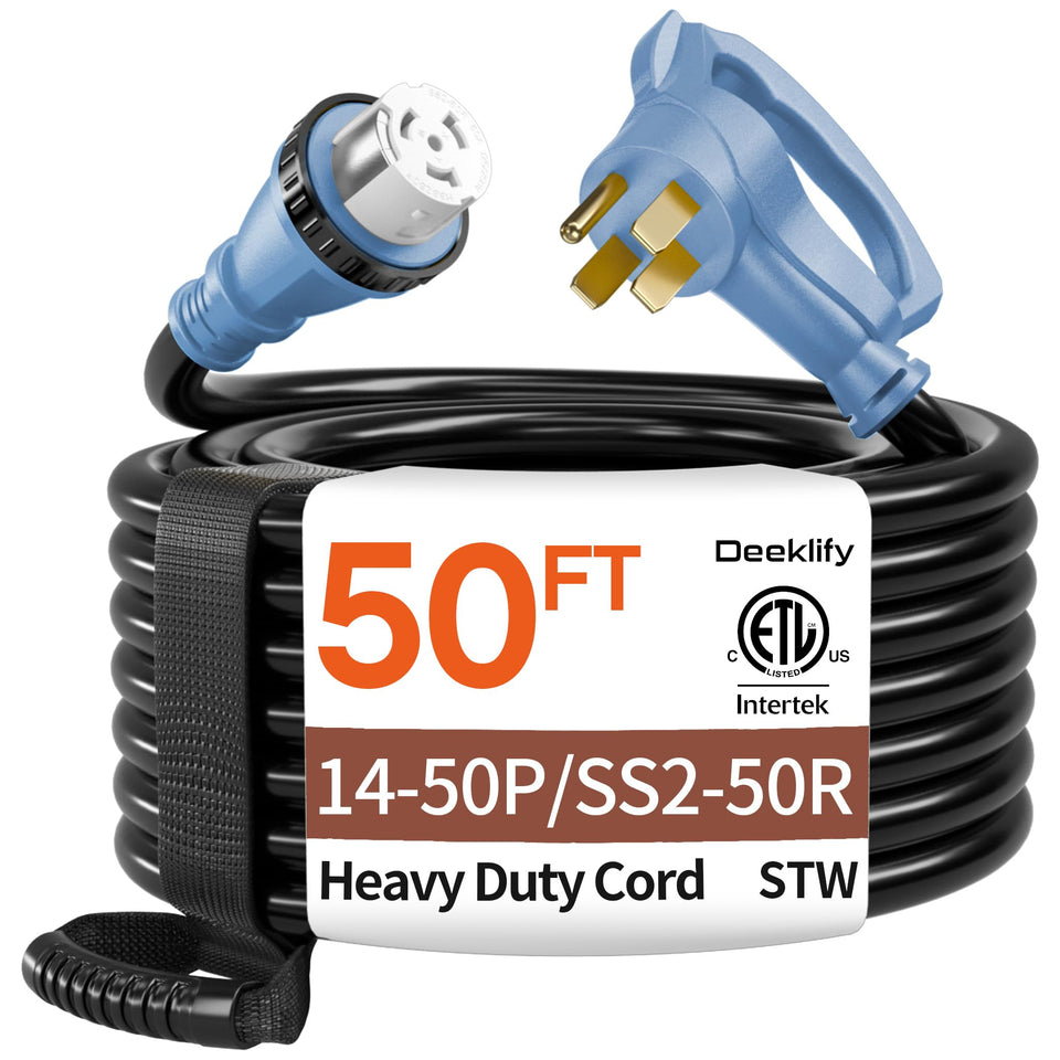 Deeklify 50ft generator cord twist-lock for secure outdoor power connections.